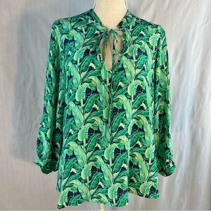 Lauren Gold Blouse Silk Green & Navy Blue Leaf Print Bracelet Length Sleeves XS👍